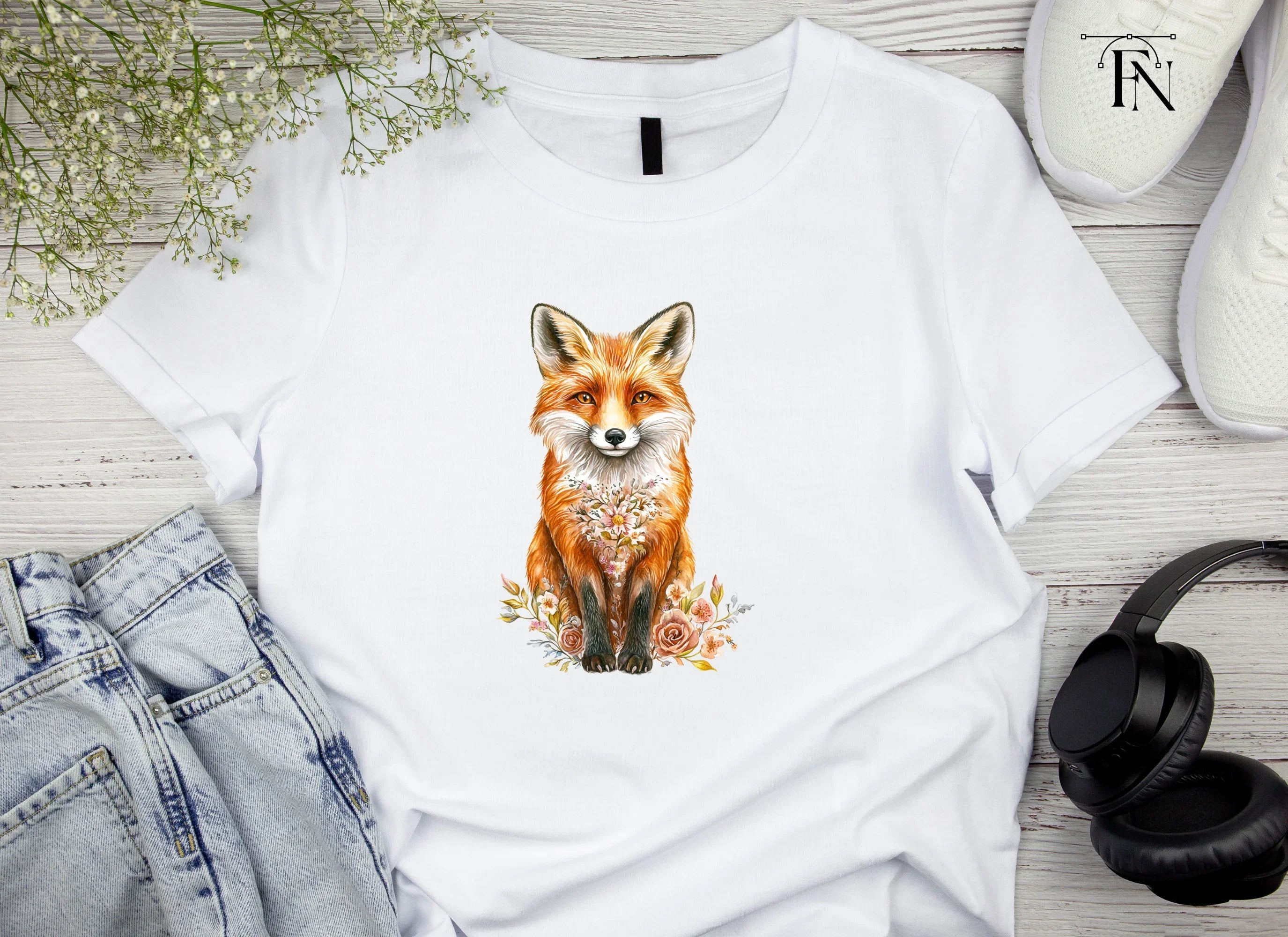 Sitting Fox with Floral Accents Clipart Bundle