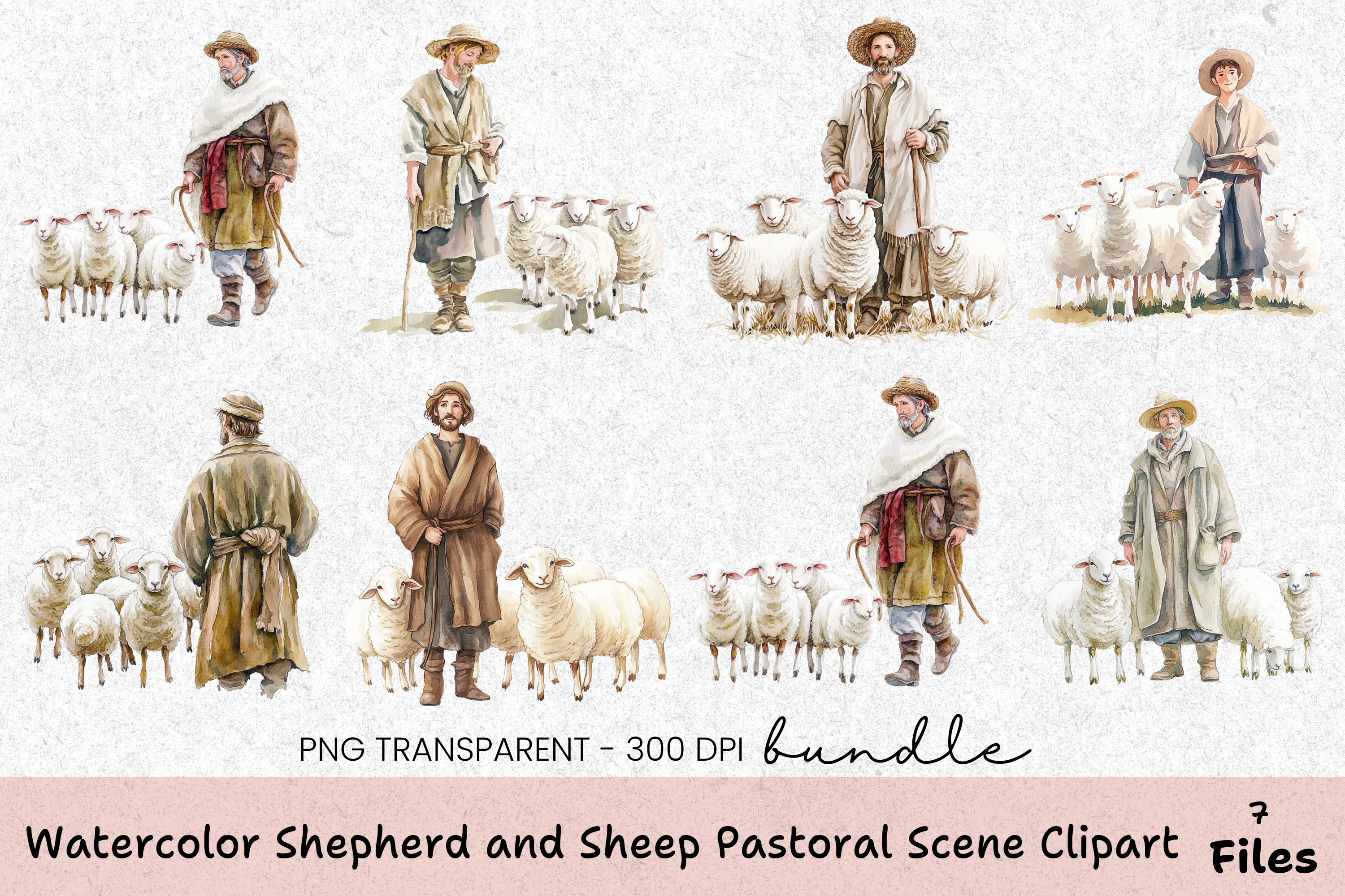 Shepherd and Sheep Pastoral Scene Clipart Bundle