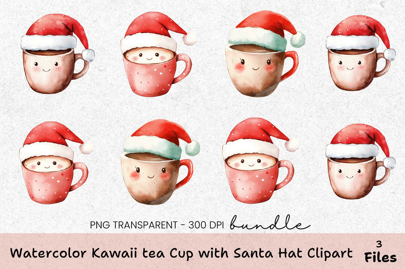 Kawaii Tea Cup with Santa Hat Clipart Bundle - CraftNest - Digital Crafting and Art
