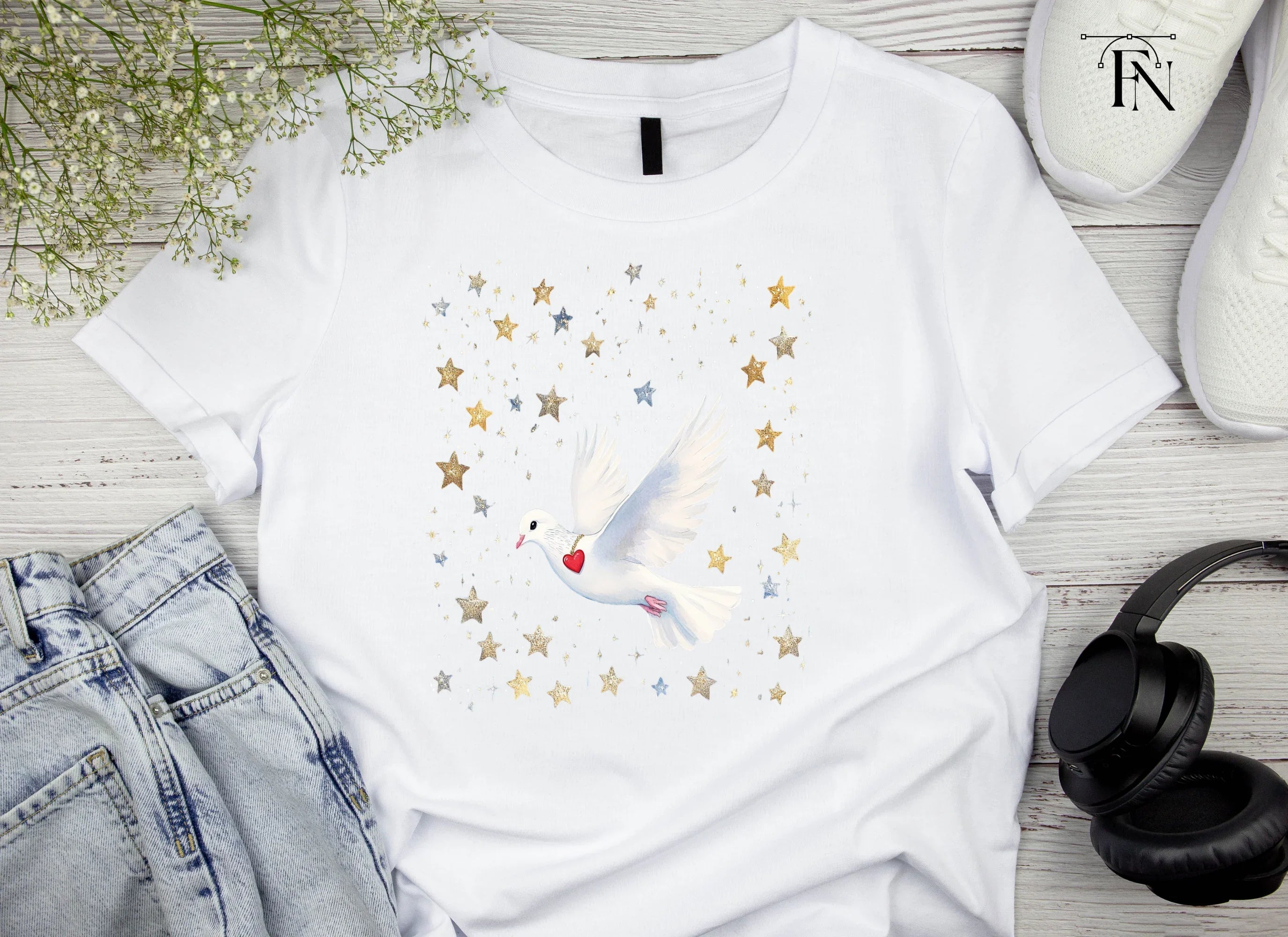 Doves with Hearts and Golden Stars Clipart Bundle