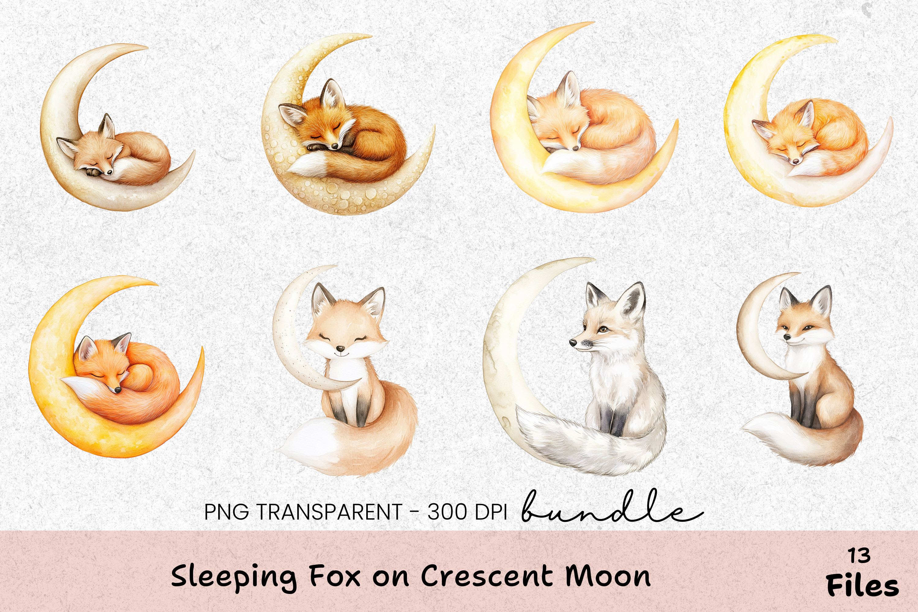 Sleeping Fox on Crescent Moon Clipart Bundle
