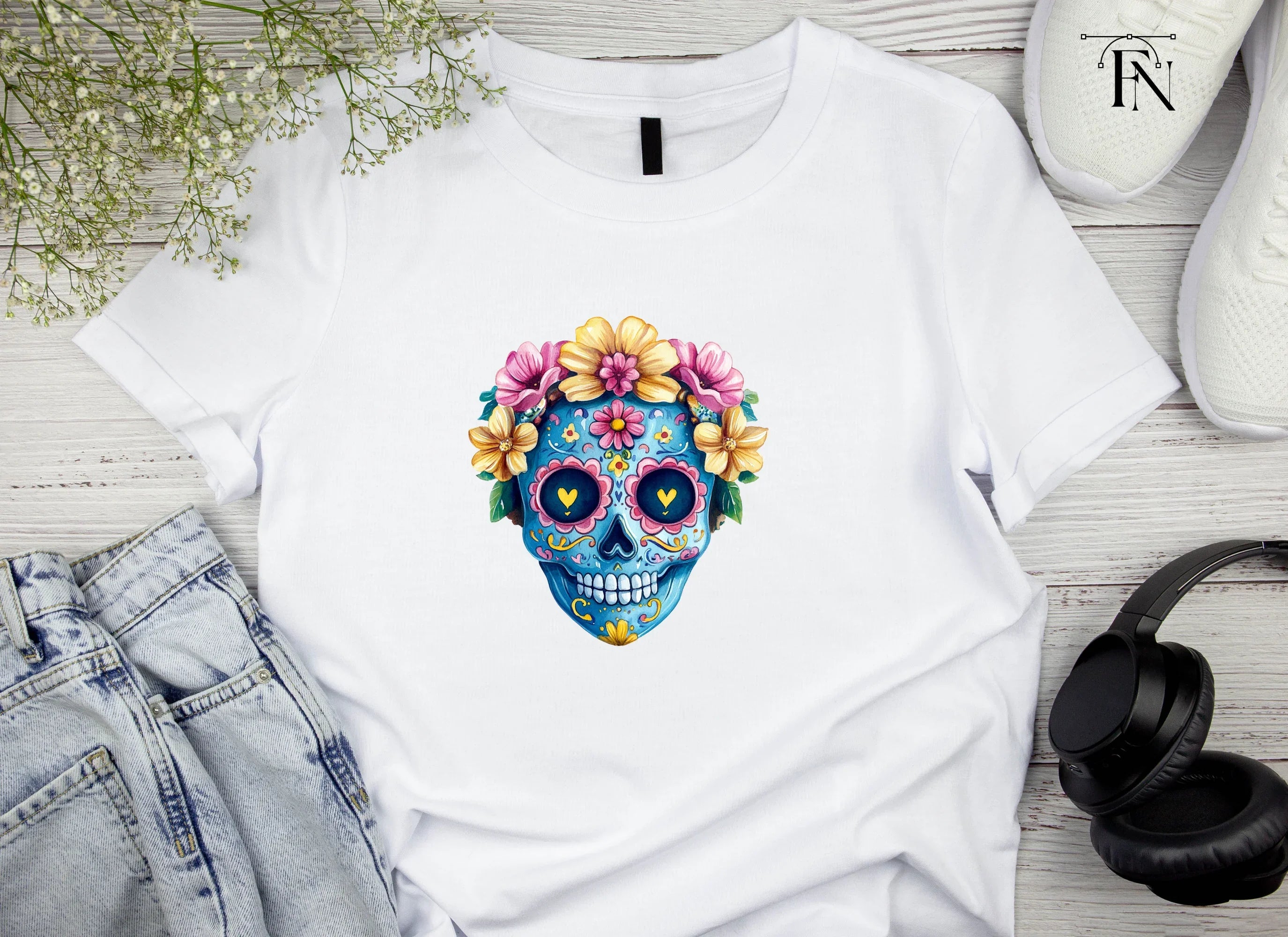Blue Sugar Skulls with Flowers Clipart Bundle