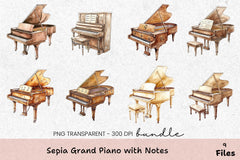 Sepia Grand Piano Clipart Bundle with Musical Notes - CraftNest - Digital Crafting and Art