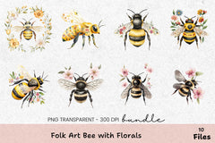 Folk Art Bee with Florals Clipart Bundle - CraftNest - Digital Crafting and Art
