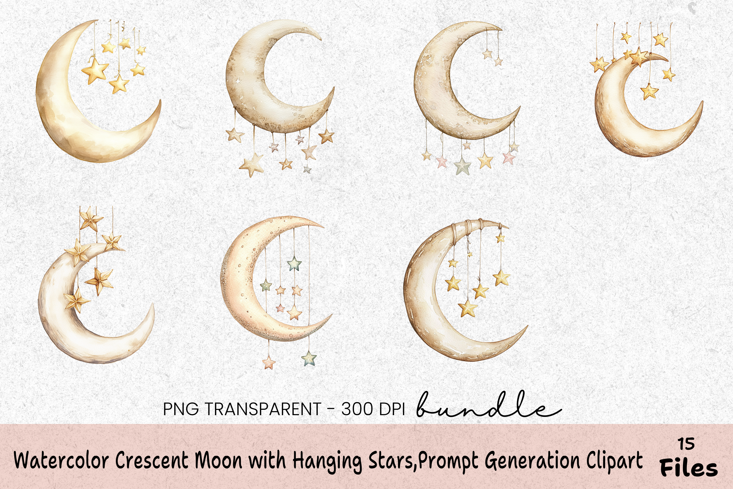 Crescent Moon with Hanging Stars Clipart Bundle