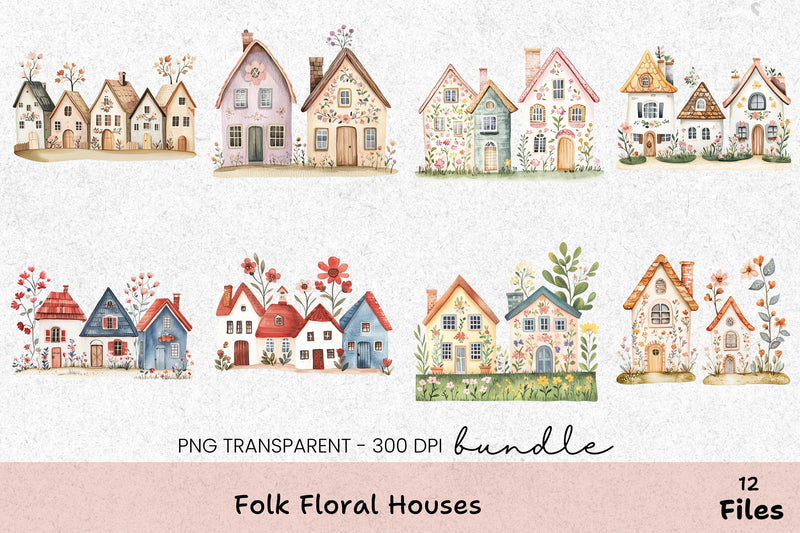 Folk Floral Houses Clipart Bundle - CraftNest - Digital Crafting and Art