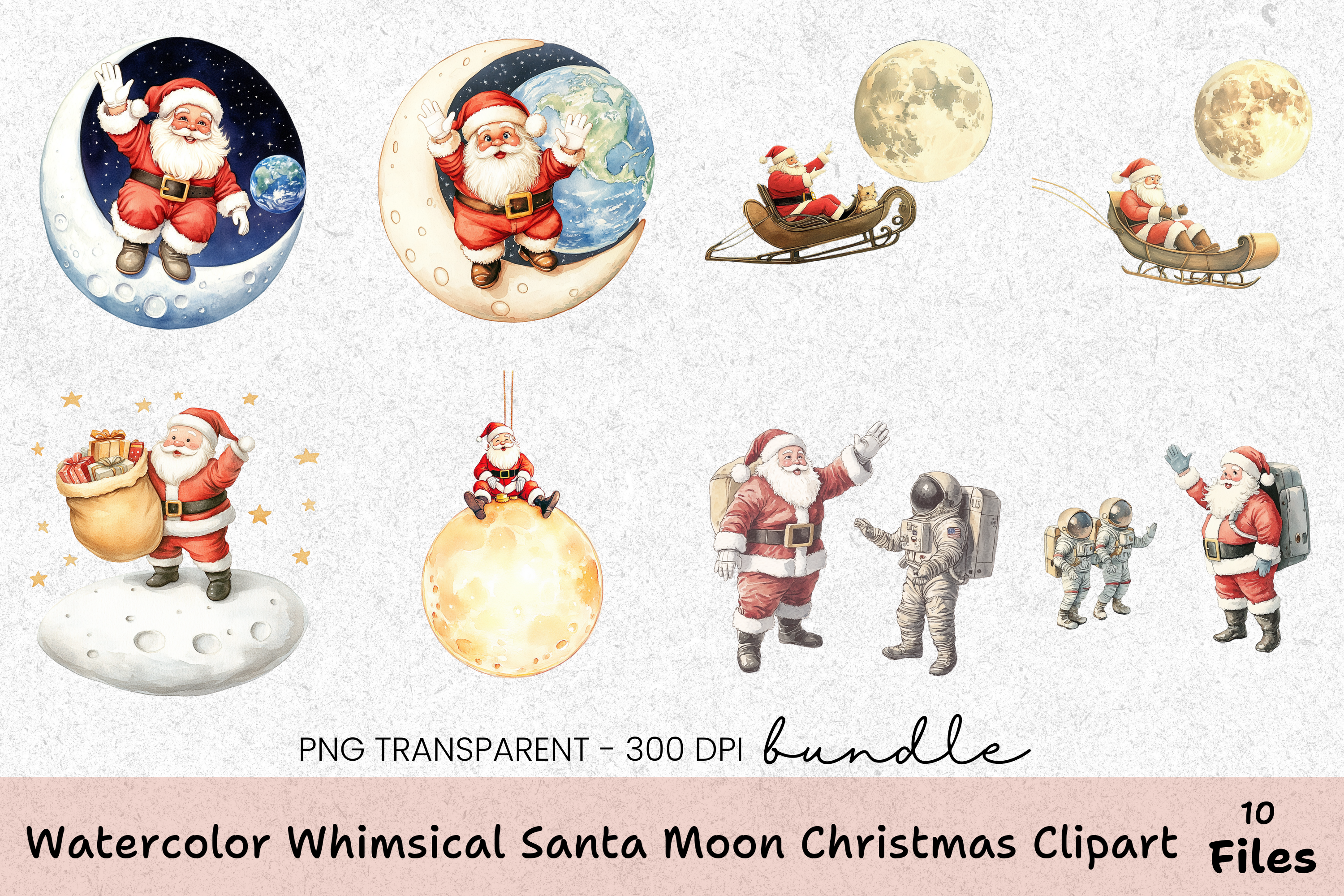 Whimsical Santa Moon Christmas Clipart Bundle
