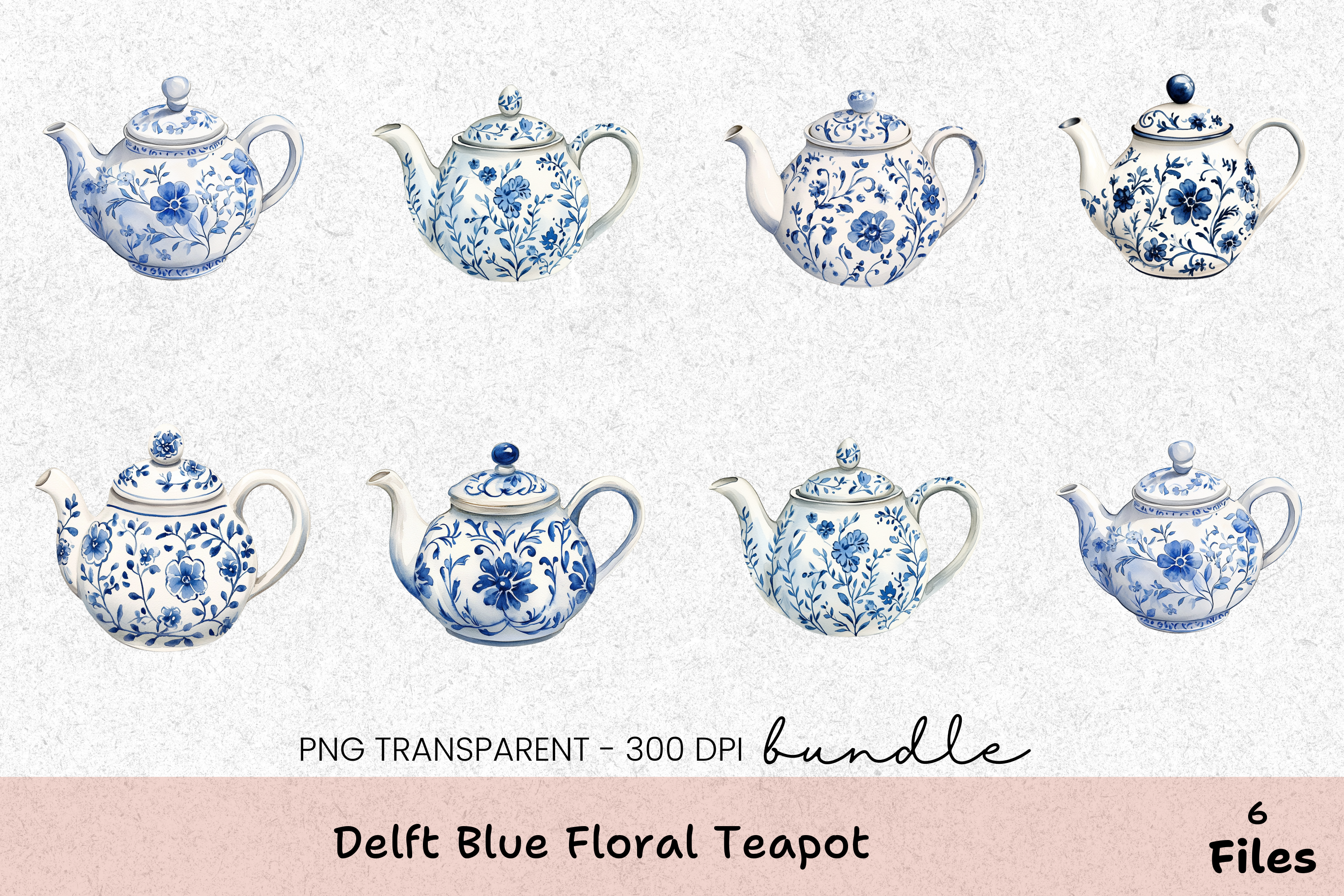 Delft Blue Floral Teapot Clipart Bundle
