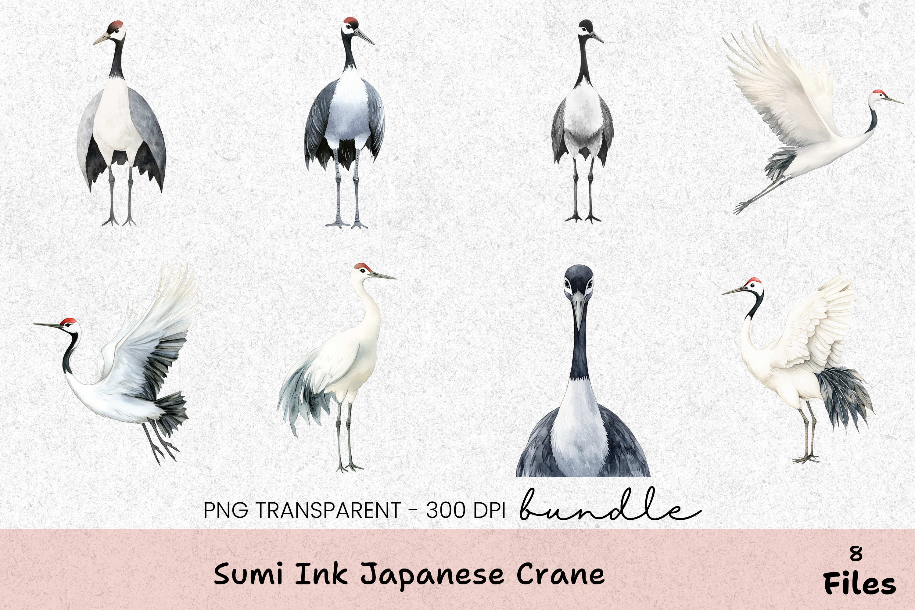 Sumi Ink Japanese Crane Clipart Bundle