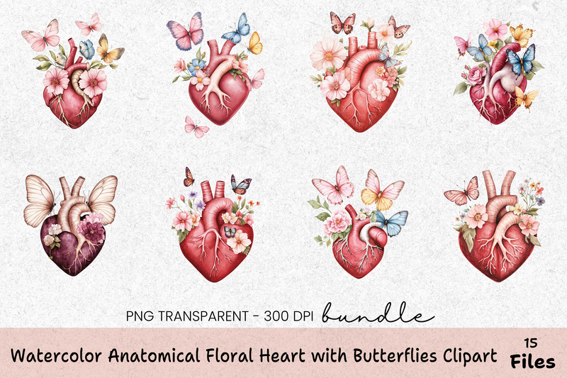Anatomical Floral Heart with Butterflies Clipart Bundle - CraftNest - Digital Crafting and Art