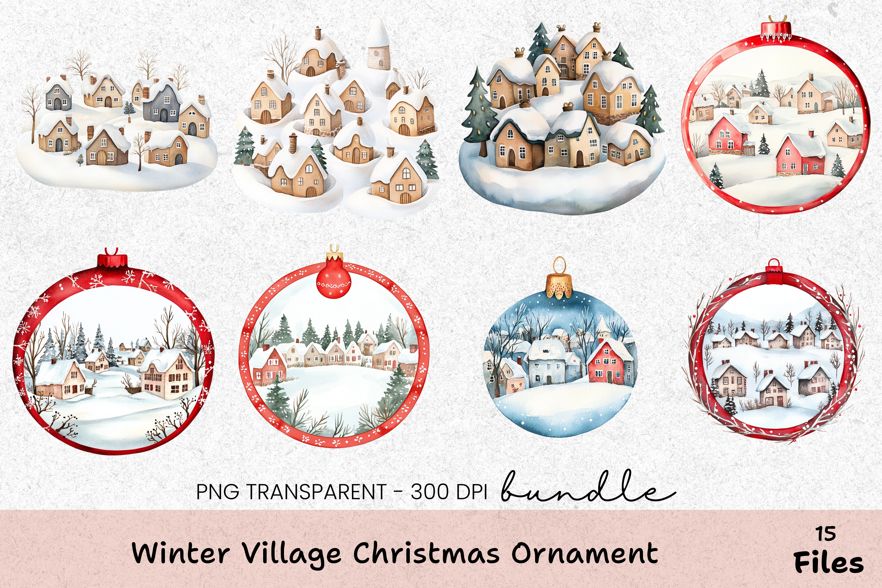 Winter Village Christmas Ornament Clipart Bundle