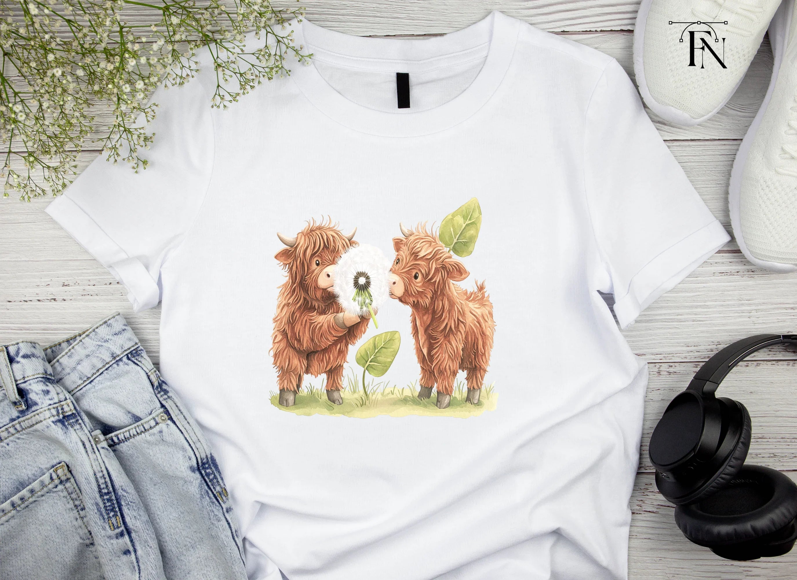 Highland Calf Blowing Dandelion Clipart Bundle