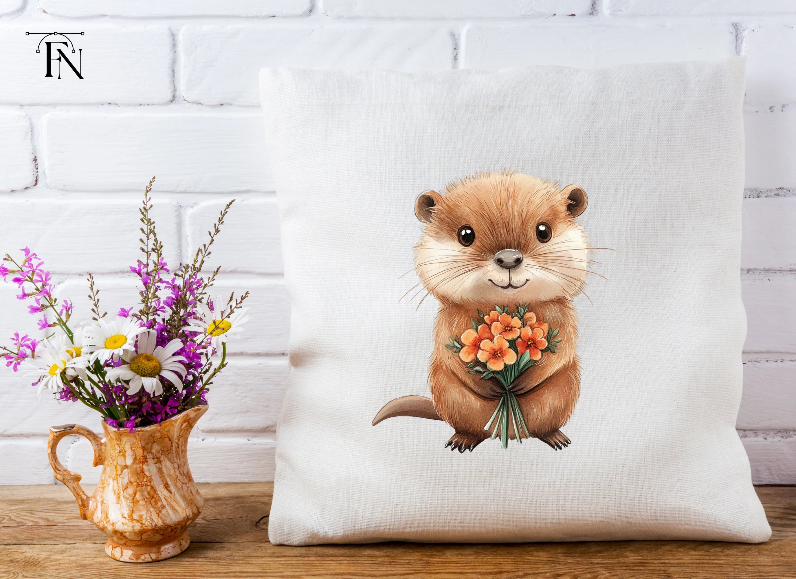 Cute Otters with Flower Bouquets Clipart Bundle
