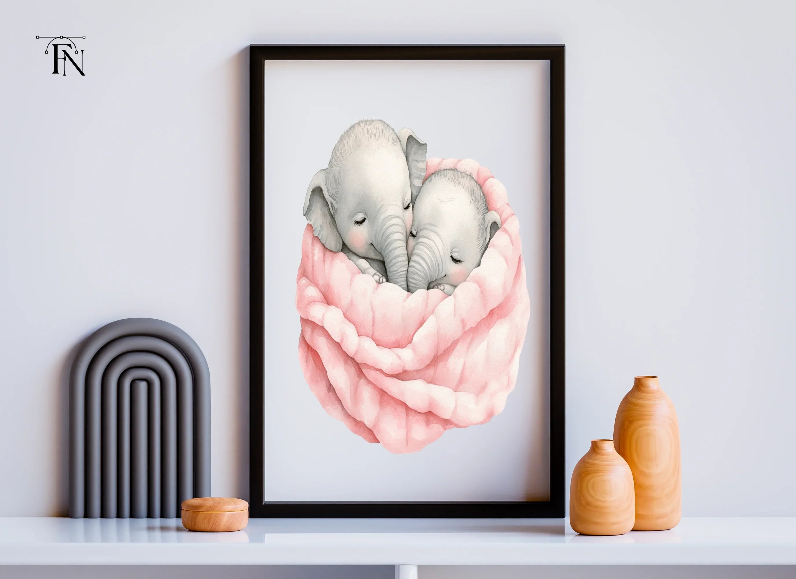 Sleeping Baby Elephants in Pink Blanket Clipart Bundle