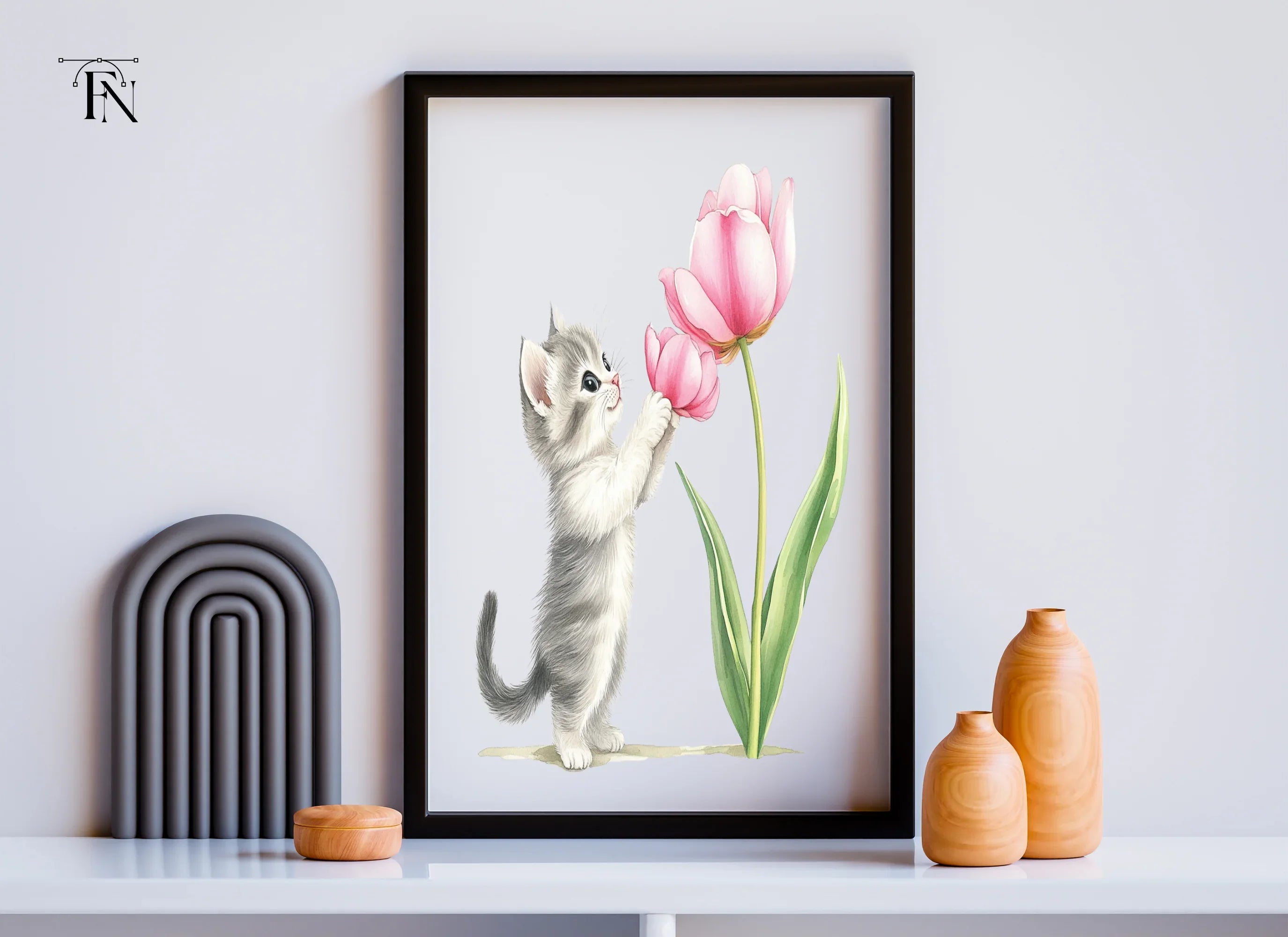 Cute Kitten with Pink Tulip Clipart Bundle