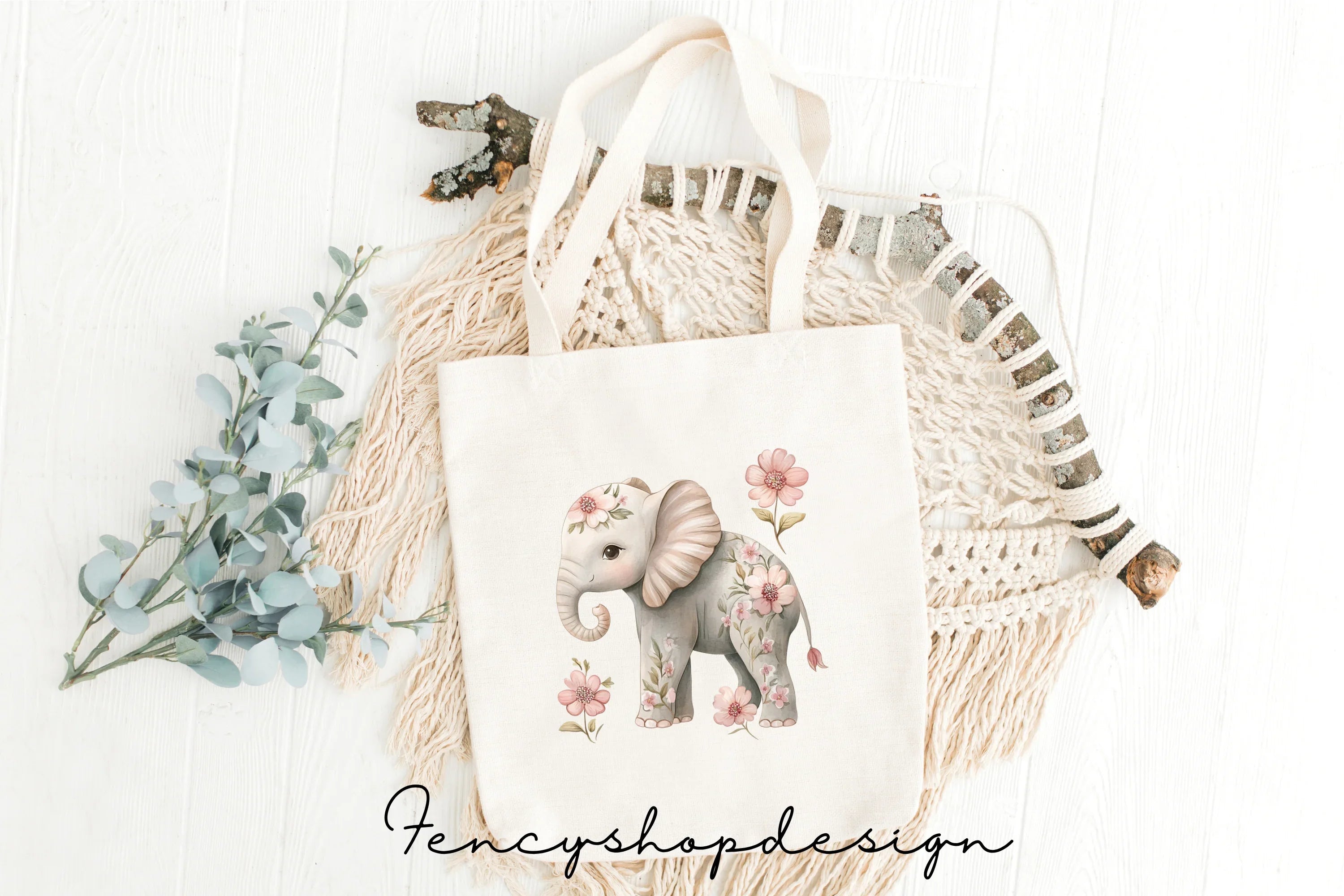 Floral Baby Elephant Clipart Bundle