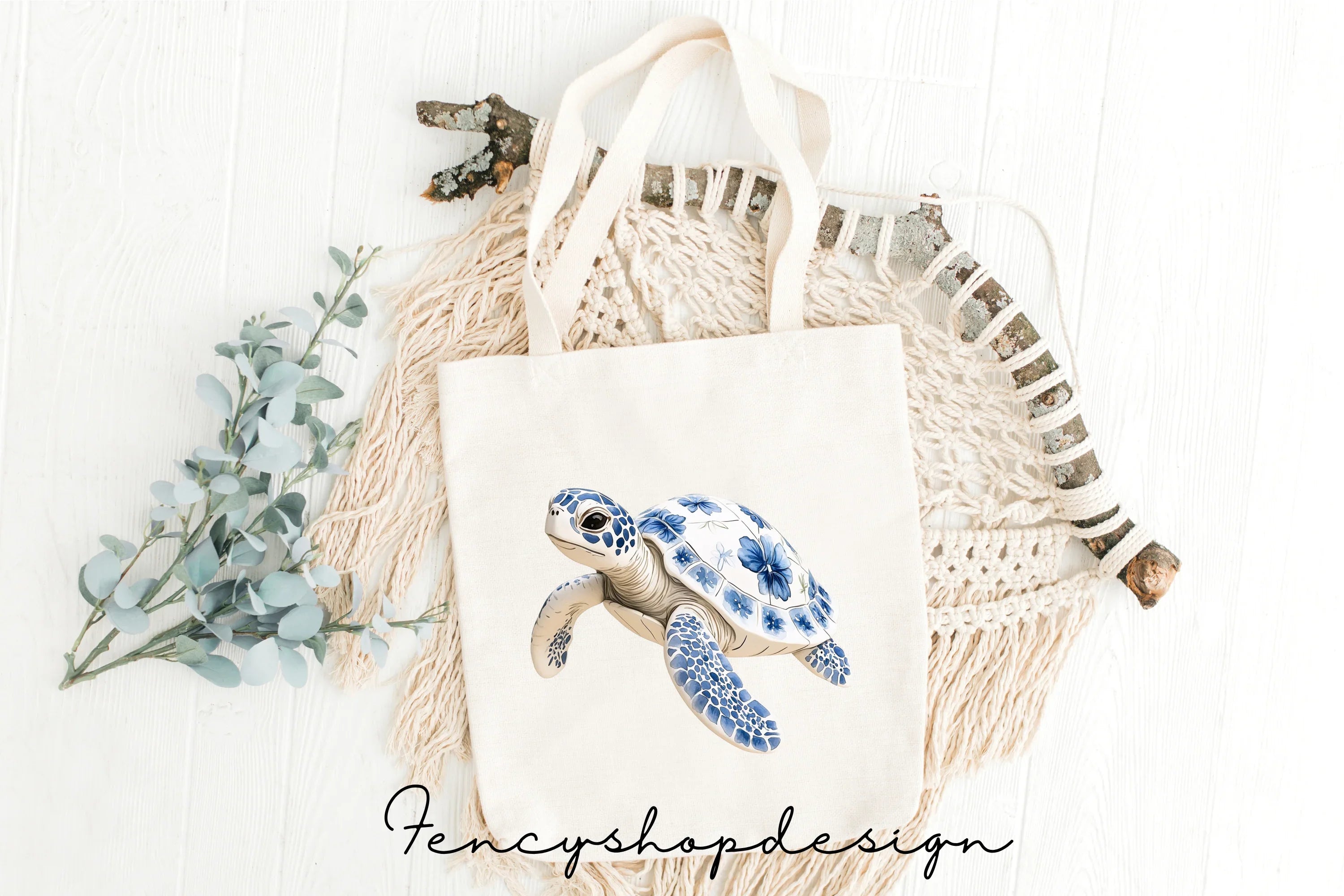 Chinoiserie Delft Blue Turtle Clipart Bundle