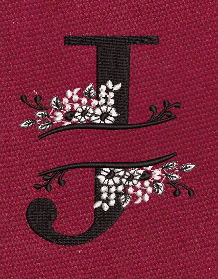 Floral Split Letter J Monogram Black & White Embroidery Design