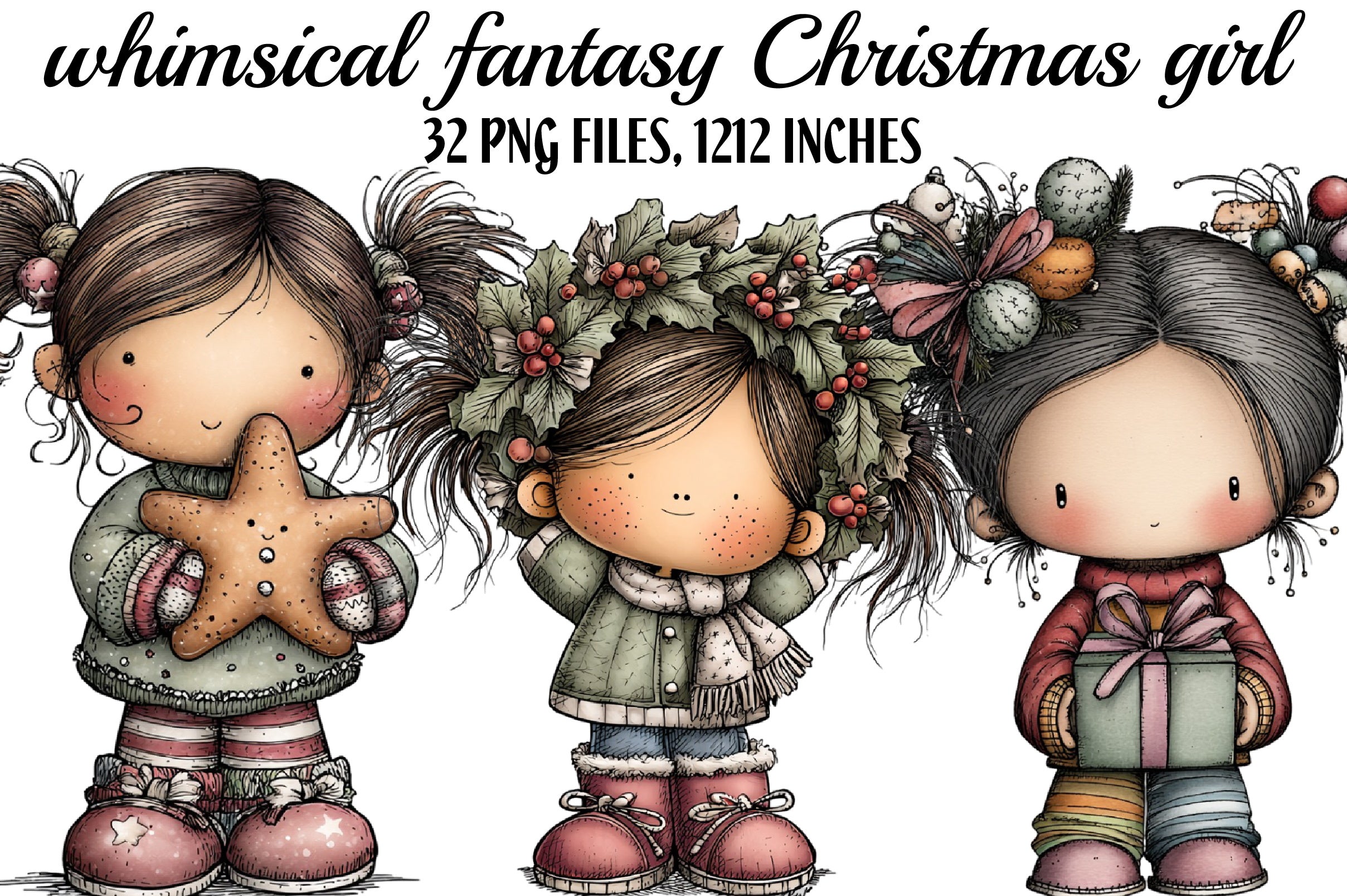 Whimsical Fantasy Christmas Girl Clipart Bundle